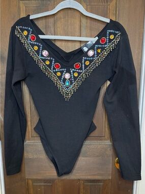 Vtg 80s In Charge Bejeweled Beaded Bodysuit Medium Black Western Fringe Leotard